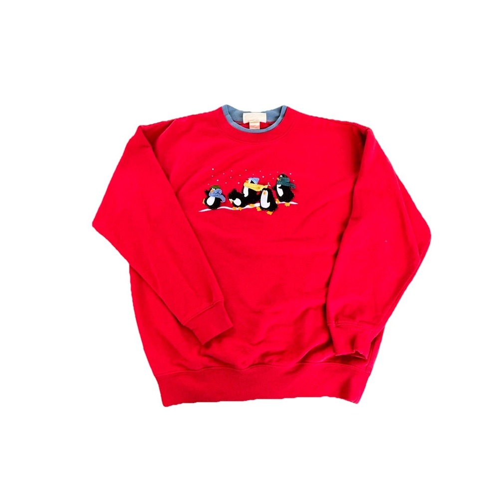 Vintage Red Crewneck Sweatshirt Penguin Women Sz M Winter Christmas Holiday